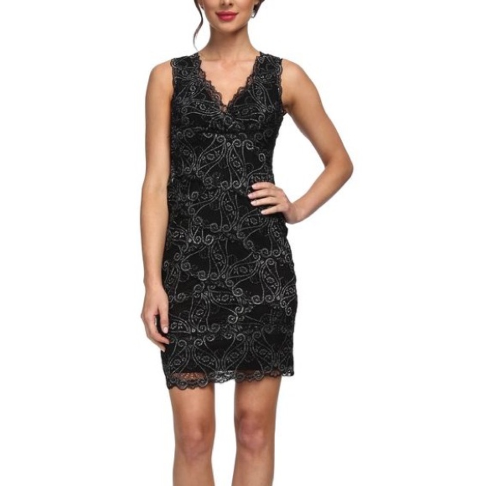 nicole miller deep v open back silver black lace dress